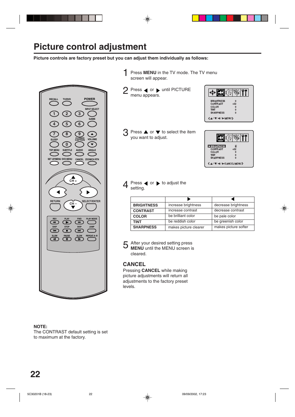 Picture control adjustment, Cancel | Toshiba MD13M1 User Manual | Page 22 / 52