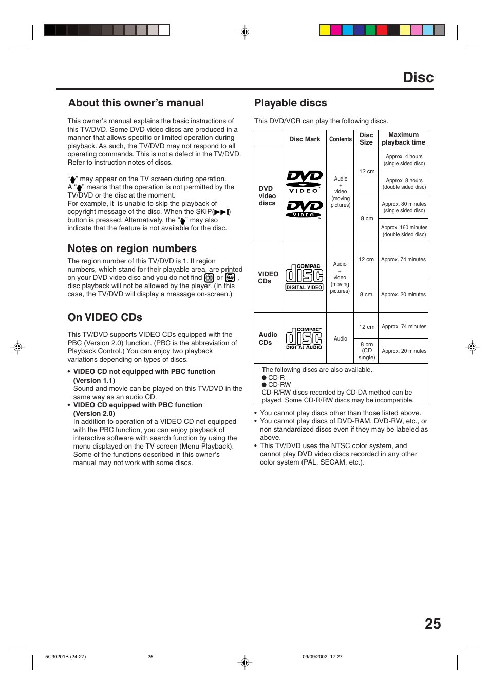 Playback operation, Disc, About this owner’s manual | Toshiba MD13M1 User Manual | Page 25 / 52