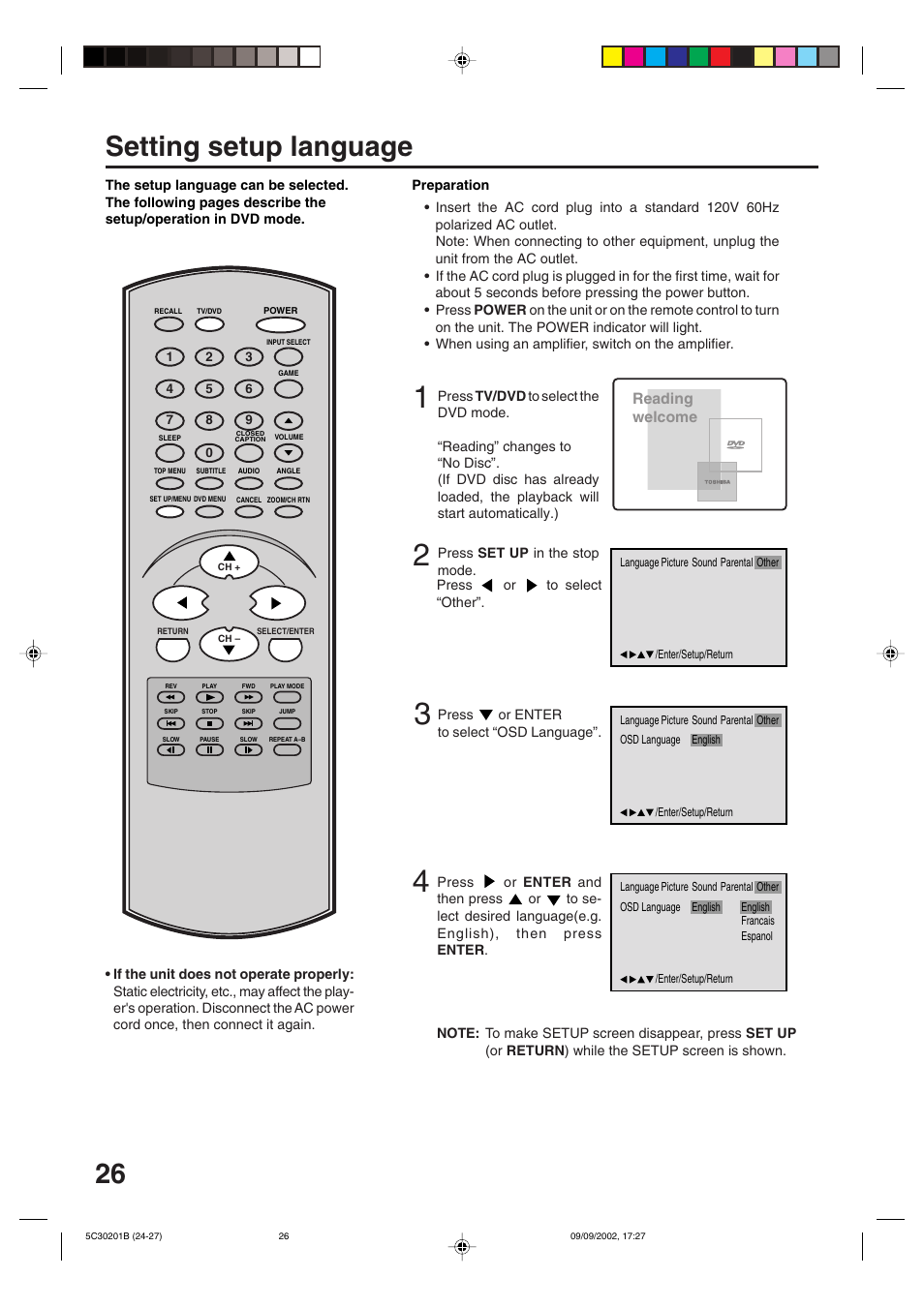 Setting setup language | Toshiba MD13M1 User Manual | Page 26 / 52