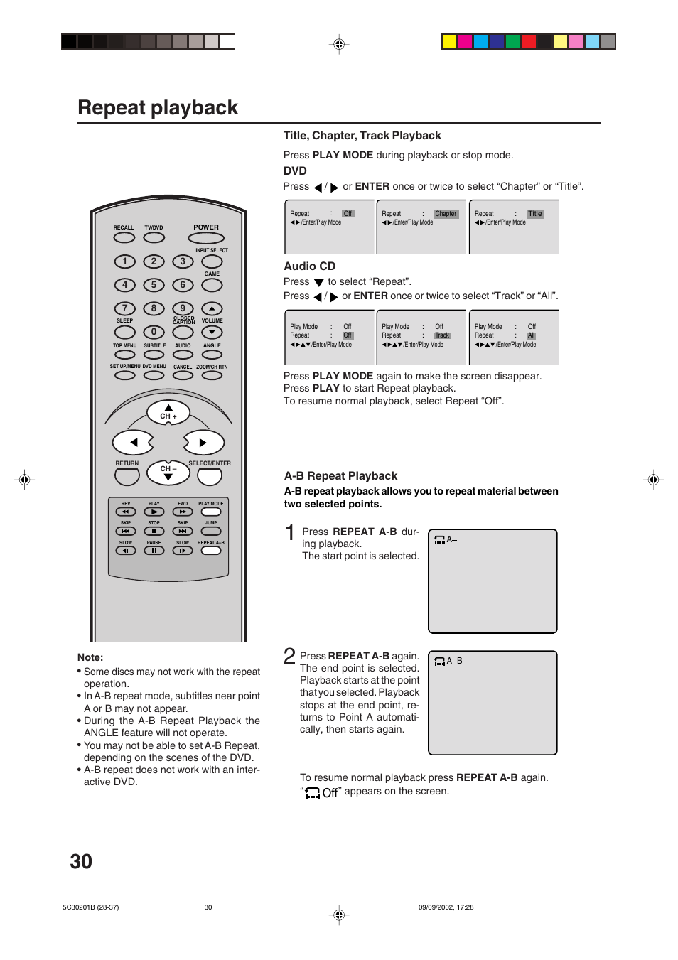 Repeat playback, Title, chapter, track playback, A-b repeat playback dvd audio cd | Toshiba MD13M1 User Manual | Page 30 / 52