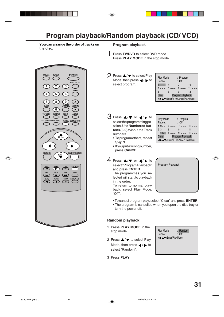 Program/random playback (cd/vcd), Program playback/random playback (cd/ vcd), Random playback | Program playback | Toshiba MD13M1 User Manual | Page 31 / 52