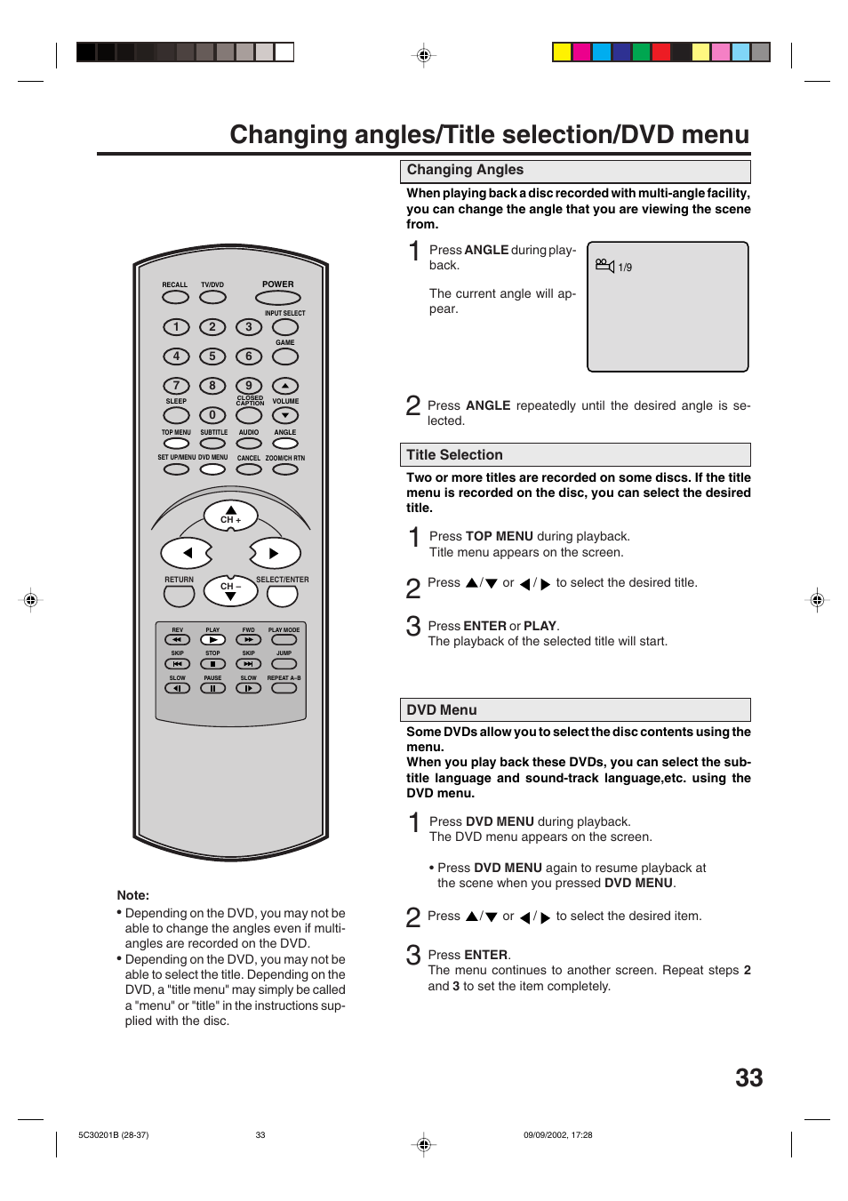 Changing angles/title selection/dvd menu | Toshiba MD13M1 User Manual | Page 33 / 52