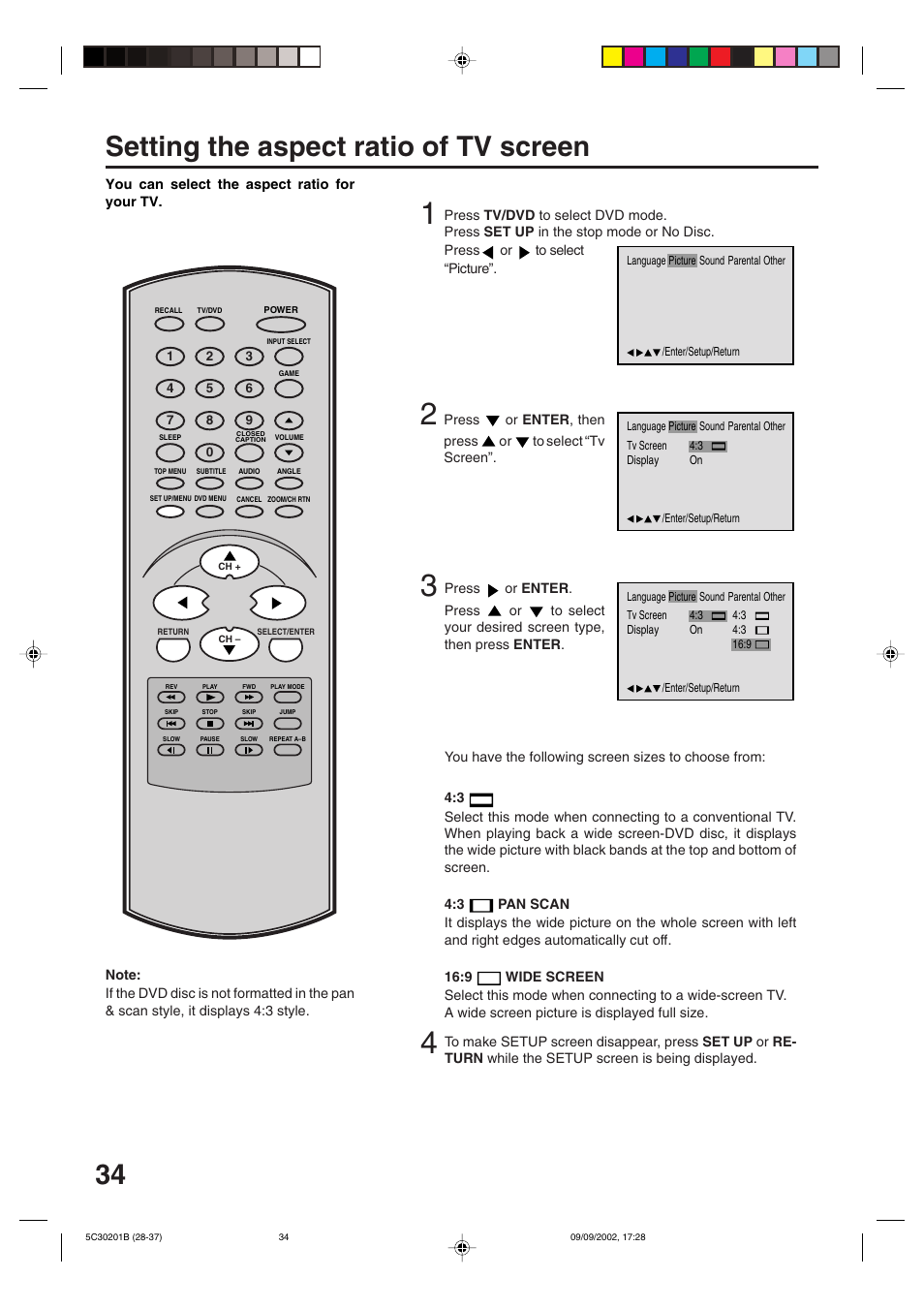 Setting the aspect ratio of tv screen | Toshiba MD13M1 User Manual | Page 34 / 52