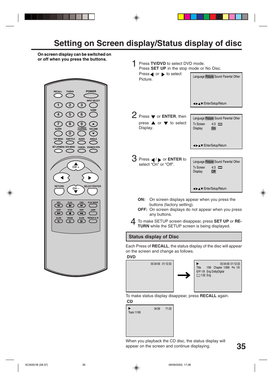 Setting on screen display/status display of disc, Status display of disc | Toshiba MD13M1 User Manual | Page 35 / 52