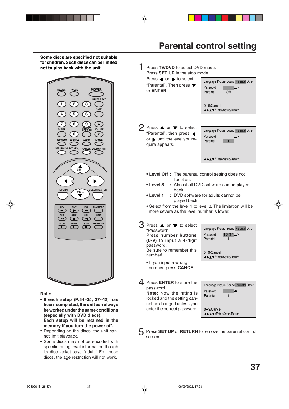 Additional information, Parental control setting | Toshiba MD13M1 User Manual | Page 37 / 52