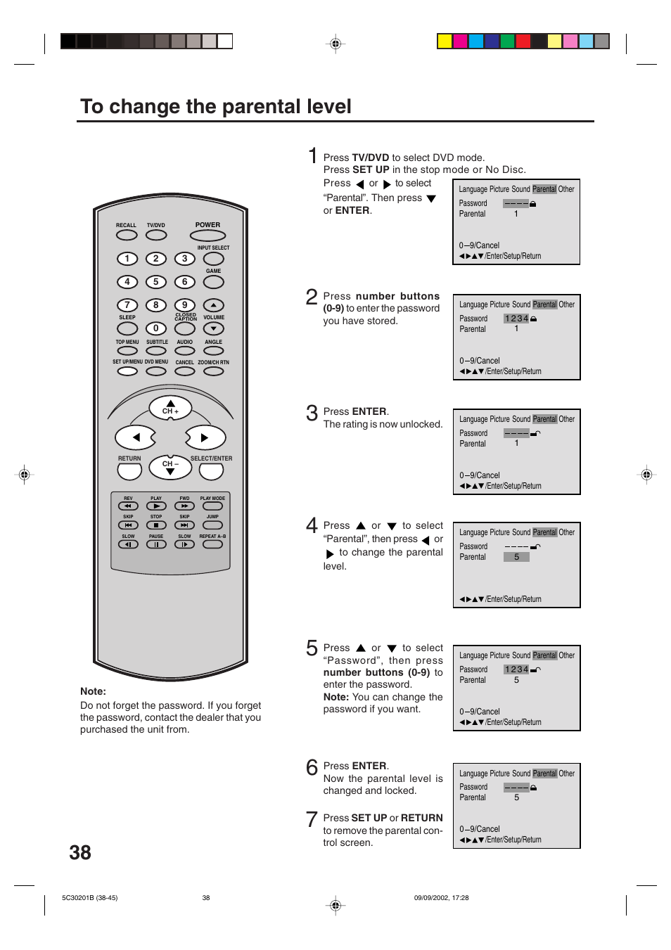 To change the parental level | Toshiba MD13M1 User Manual | Page 38 / 52