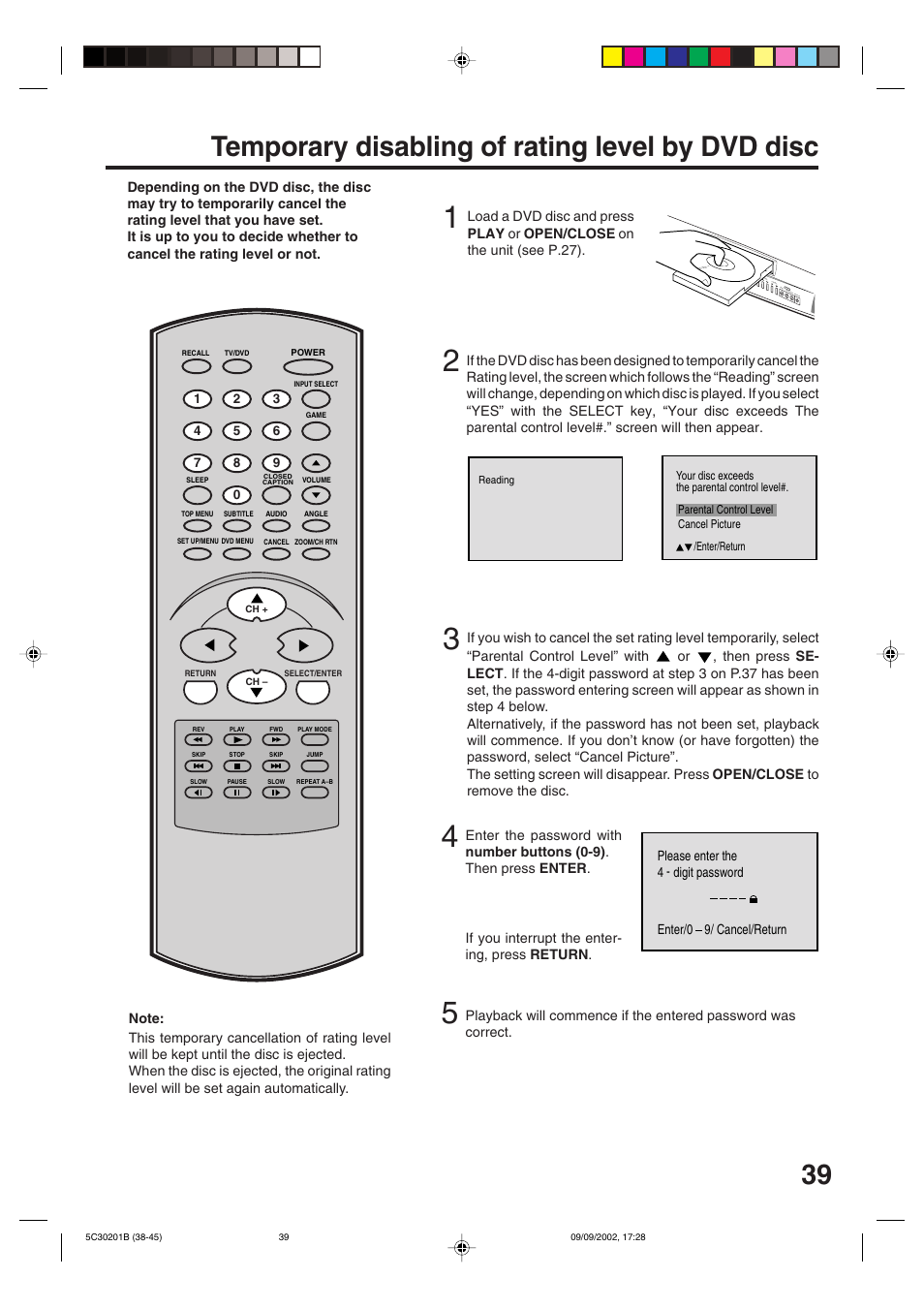 Temporary disabling of rating level by dvd disc | Toshiba MD13M1 User Manual | Page 39 / 52