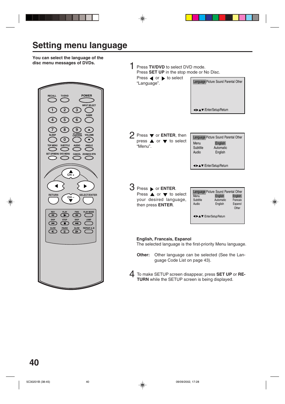 Setting menu language | Toshiba MD13M1 User Manual | Page 40 / 52