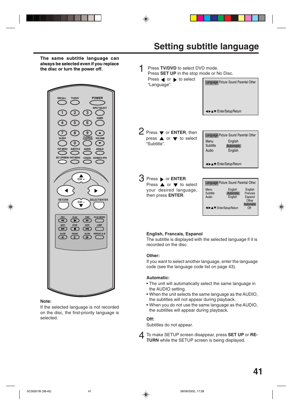 Setting subtitle language | Toshiba MD13M1 User Manual | Page 41 / 52