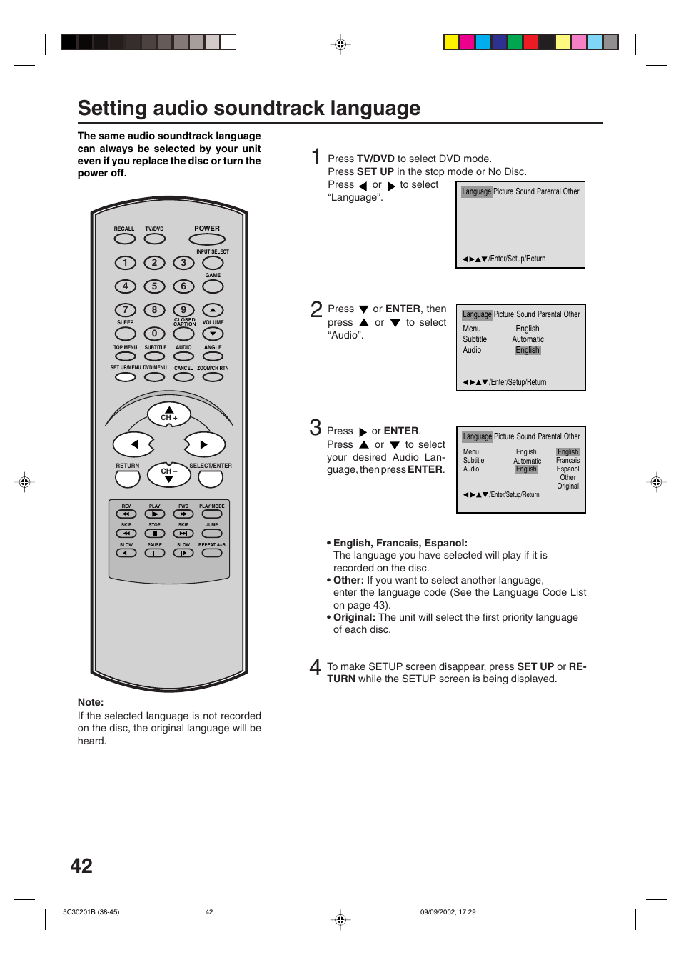 Setting audio soundtrack language | Toshiba MD13M1 User Manual | Page 42 / 52