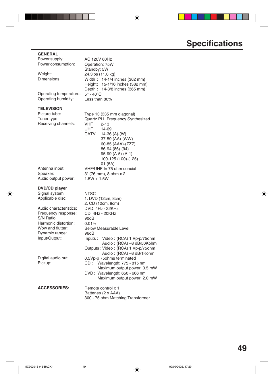Specifications | Toshiba MD13M1 User Manual | Page 49 / 52