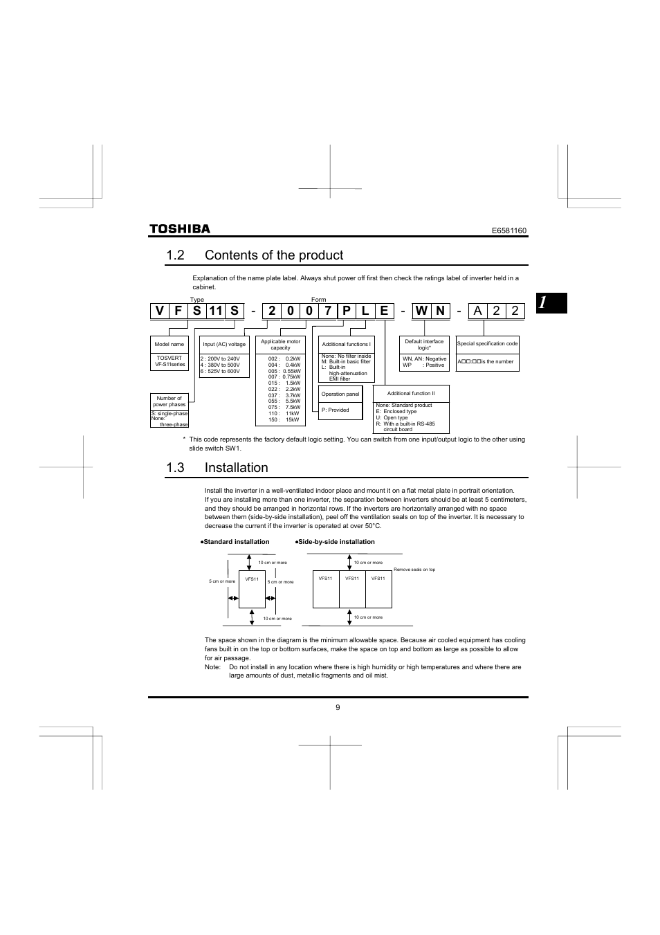 2 contents of the product, 3 installation | Toshiba VF-S11 User Manual | Page 10 / 81