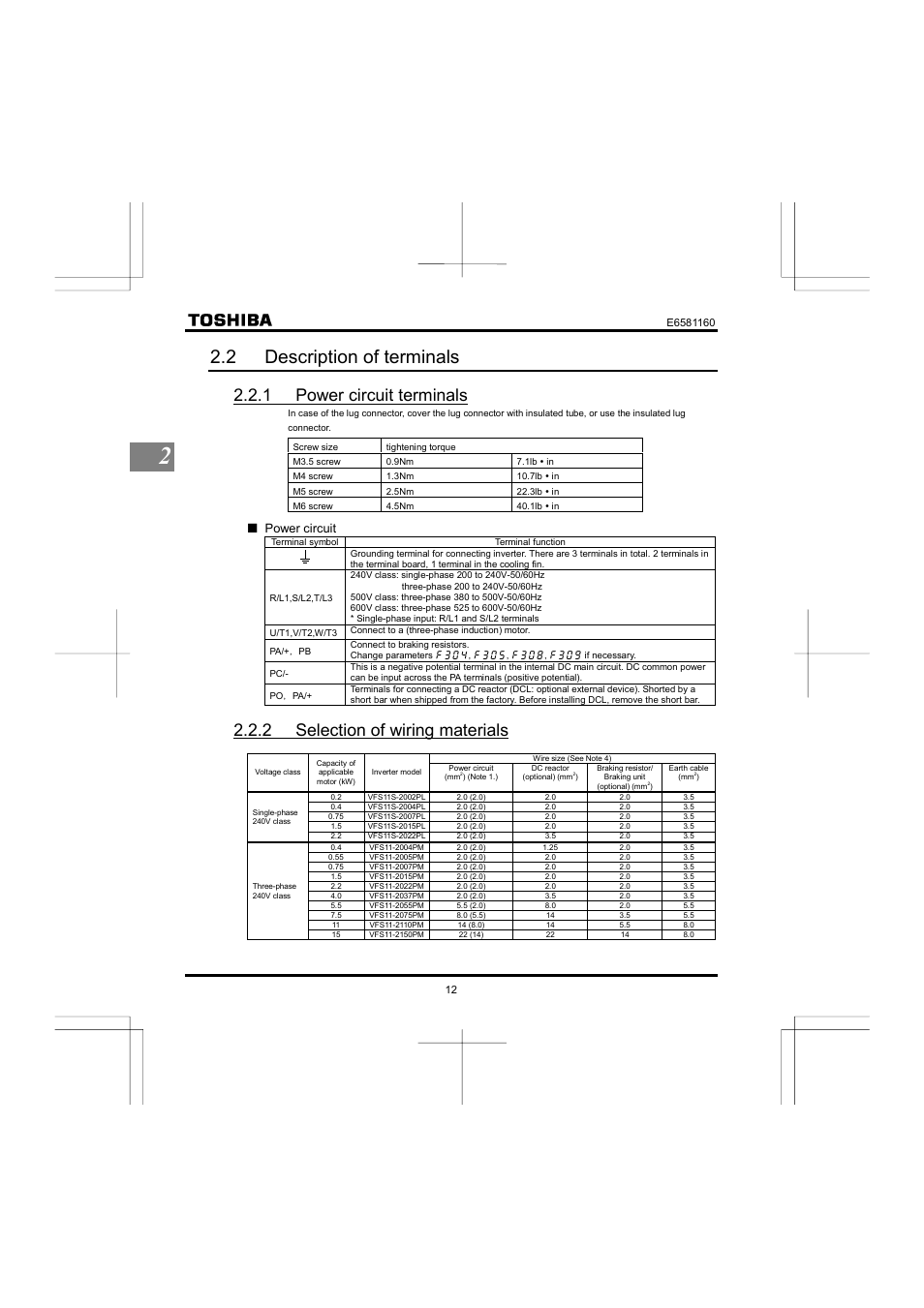 2 description of terminals, 1 power circuit terminals, 2 selection of wiring materials | Toshiba VF-S11 User Manual | Page 13 / 81