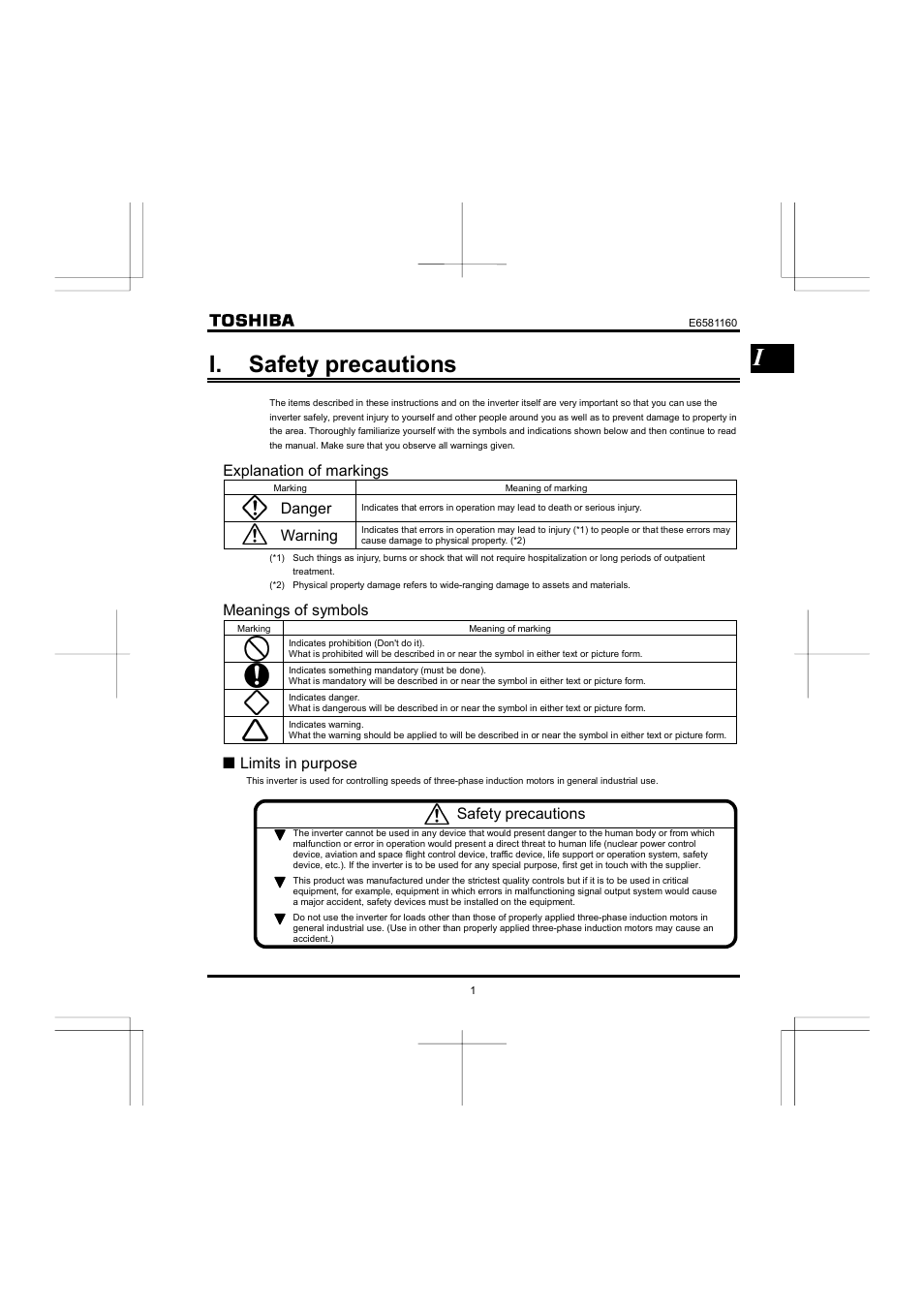 I. safety precautions | Toshiba VF-S11 User Manual | Page 2 / 81