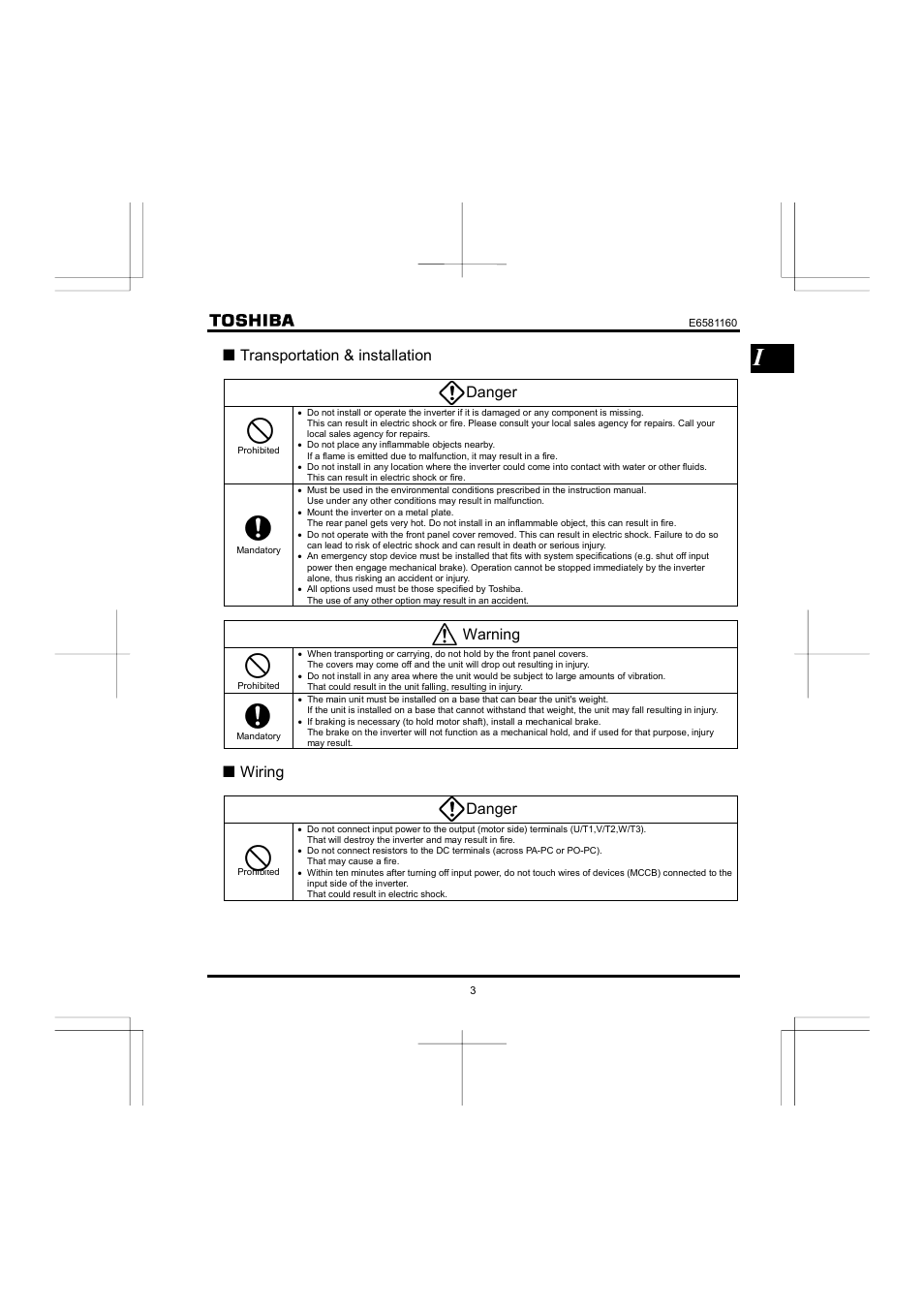 Qtransportation & installation danger, Warning, Qwiring danger | Toshiba VF-S11 User Manual | Page 4 / 81