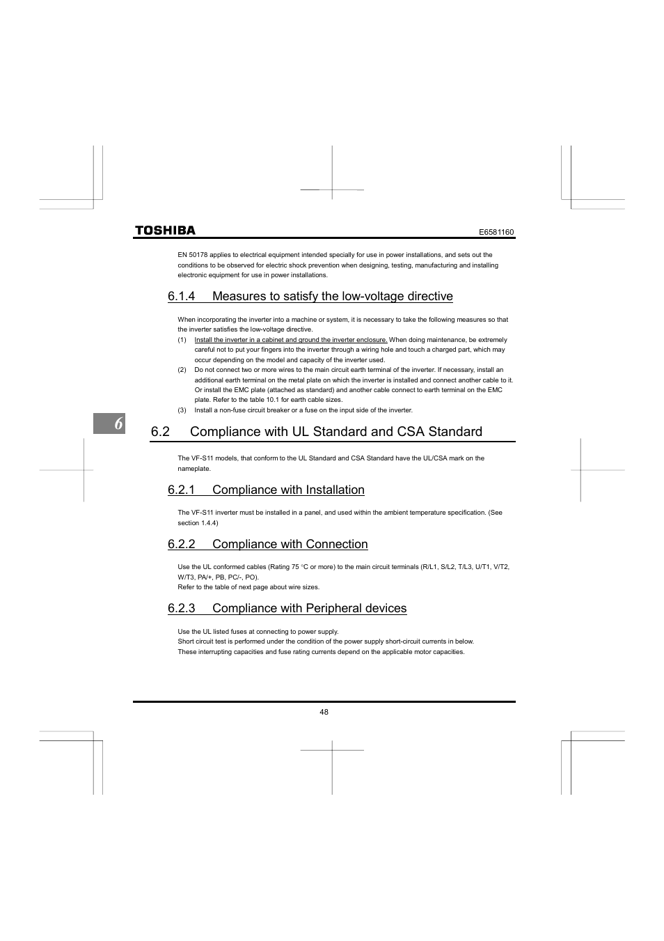 4 measures to satisfy the low-voltage directive, 2 compliance with ul standard and csa standard, 1 compliance with installation | 2 compliance with connection, 3 compliance with peripheral devices | Toshiba VF-S11 User Manual | Page 49 / 81