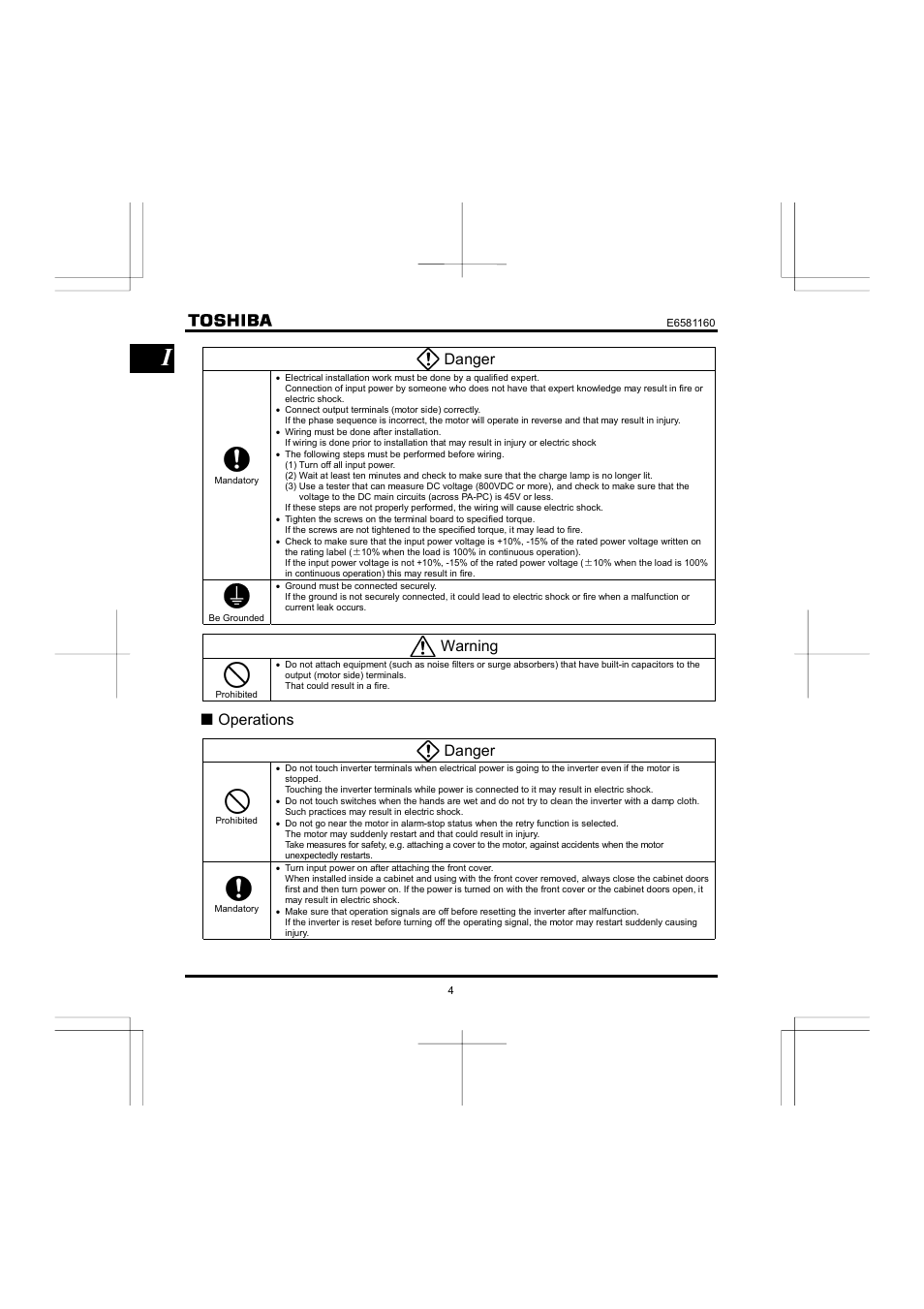 Danger, Warning, Qoperations danger | Toshiba VF-S11 User Manual | Page 5 / 81