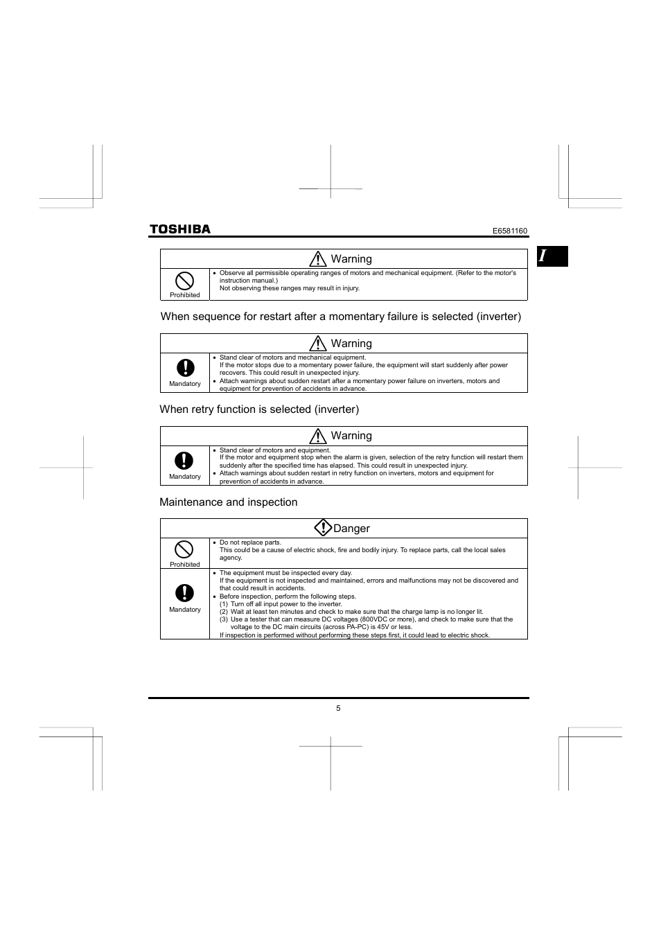 Warning, When retry function is selected (inverter) warning, Maintenance and inspection danger | Toshiba VF-S11 User Manual | Page 6 / 81