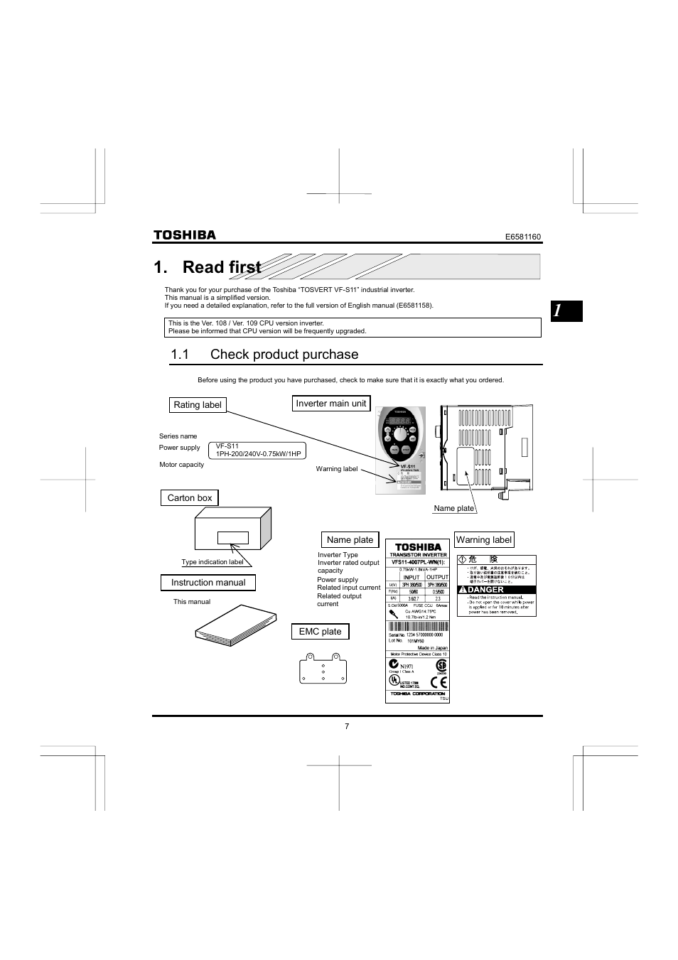 Read first, 1 check product purchase | Toshiba VF-S11 User Manual | Page 8 / 81