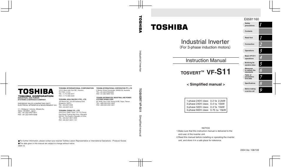 Backcover, Toshiba, Industrial inverter | Instruction manual, Tosvert, Simplified manual, For 3-phase induction motors | Toshiba VF-S11 User Manual | Page 81 / 81