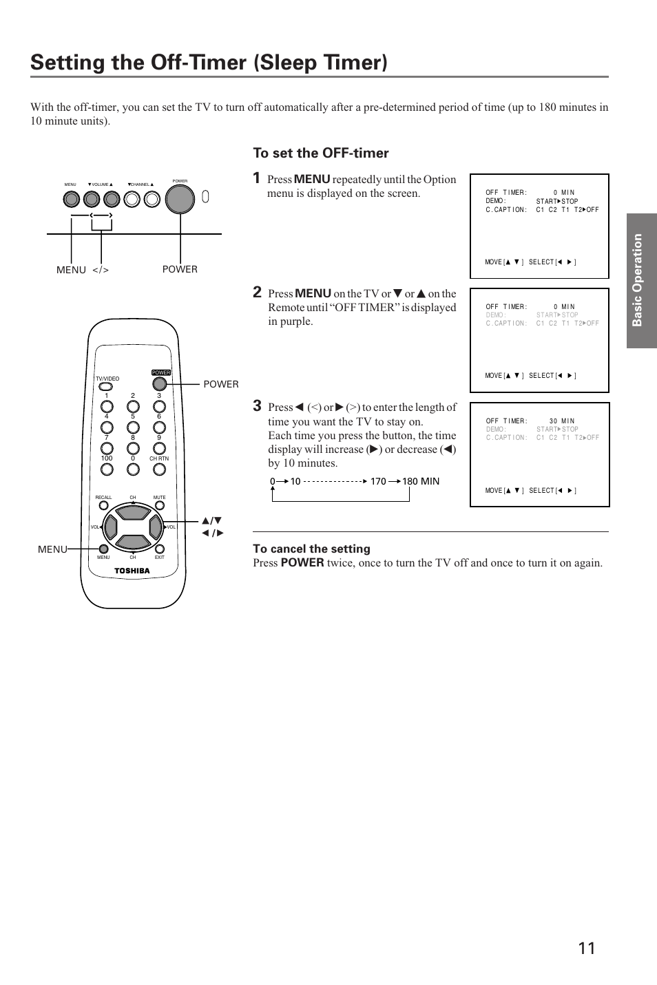 Setting the off-timer (sleep timer) | Toshiba 19A20 User Manual | Page 11 / 20