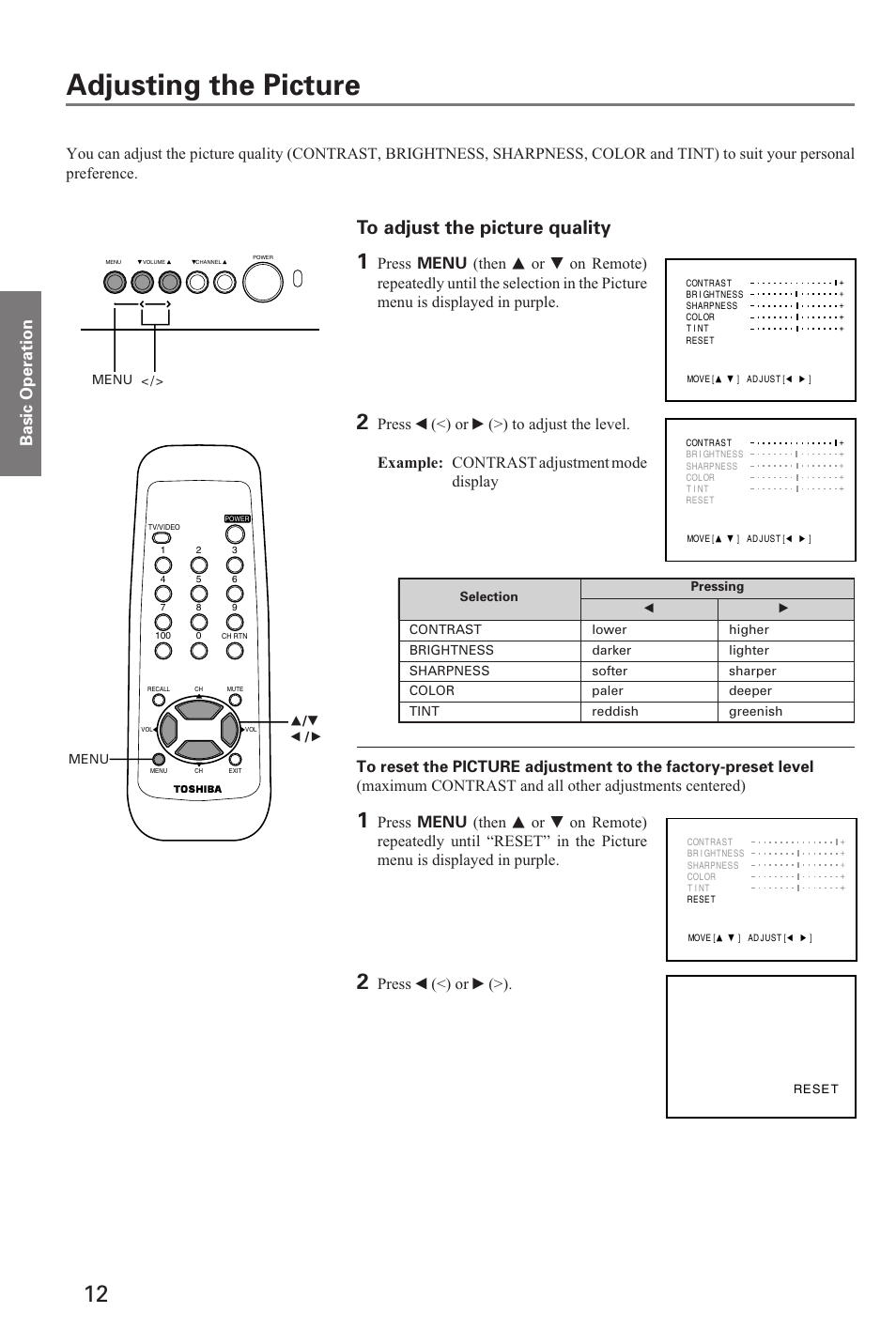 Adjusting the picture, Press t (<) or s (>) | Toshiba 19A20 User Manual | Page 12 / 20