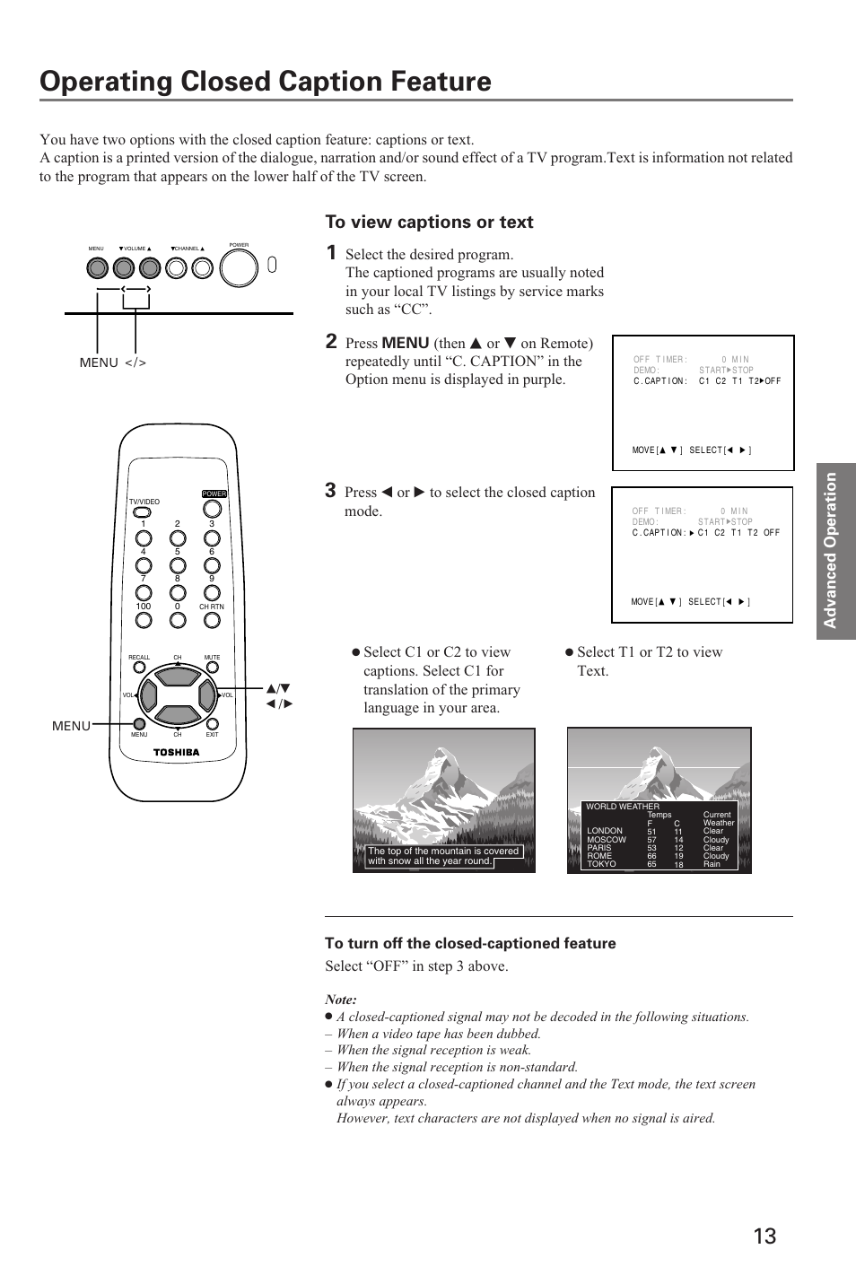 Advanced operation, Operating closed caption feature, Press t or s to select the closed caption mode | Toshiba 19A20 User Manual | Page 13 / 20