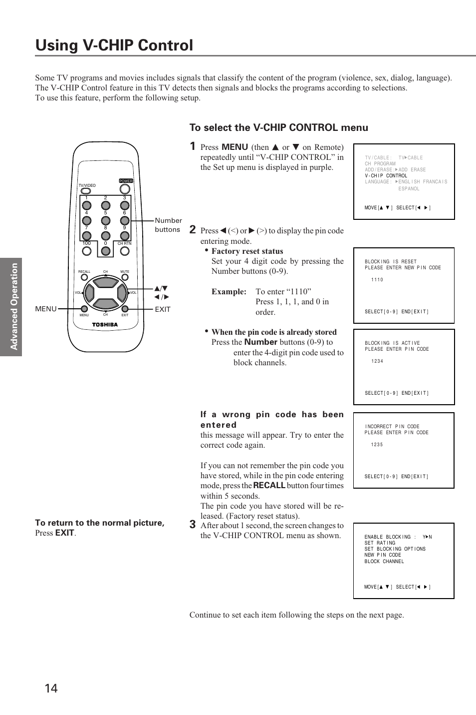 Using v-chip control, To select the v-chip control menu | Toshiba 19A20 User Manual | Page 14 / 20