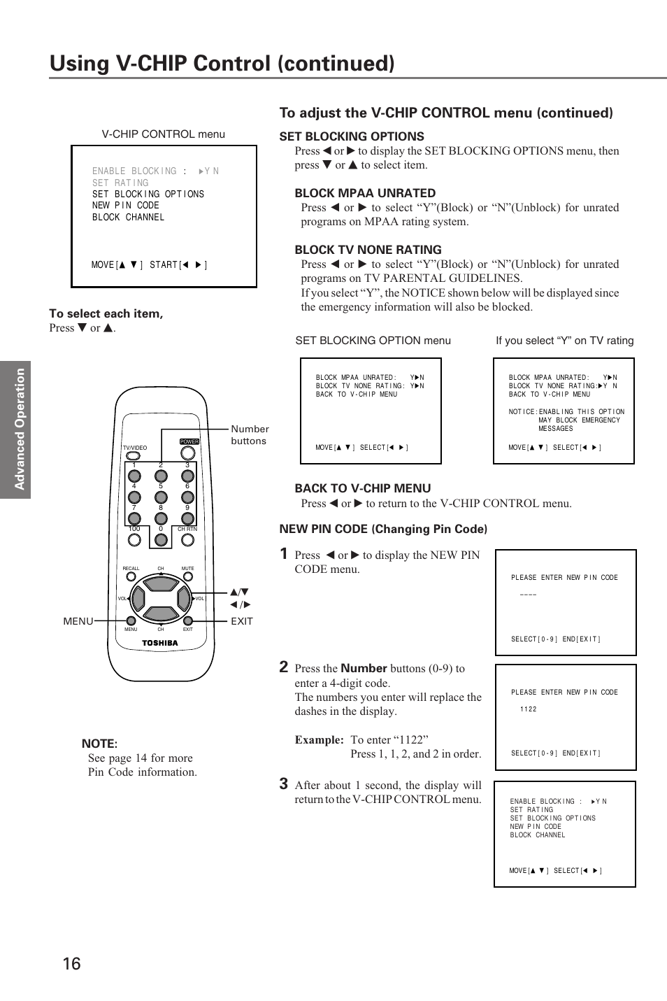 Set blocking options, Using v-chip control (continued), New pin code (changing pin code) | Press t or s to display the new pin code menu | Toshiba 19A20 User Manual | Page 16 / 20