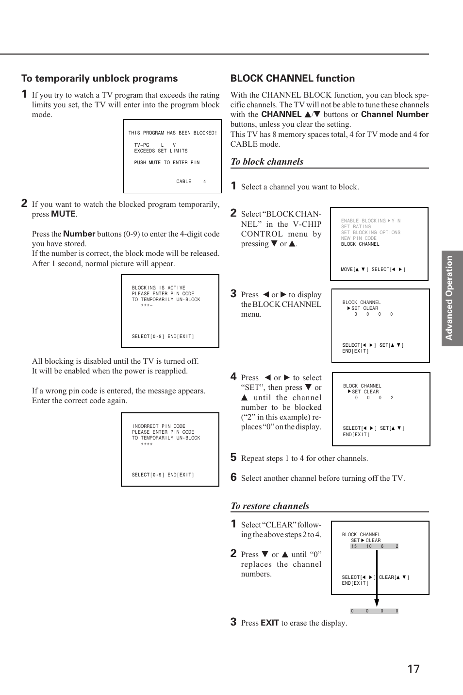 Block channel function | Toshiba 19A20 User Manual | Page 17 / 20