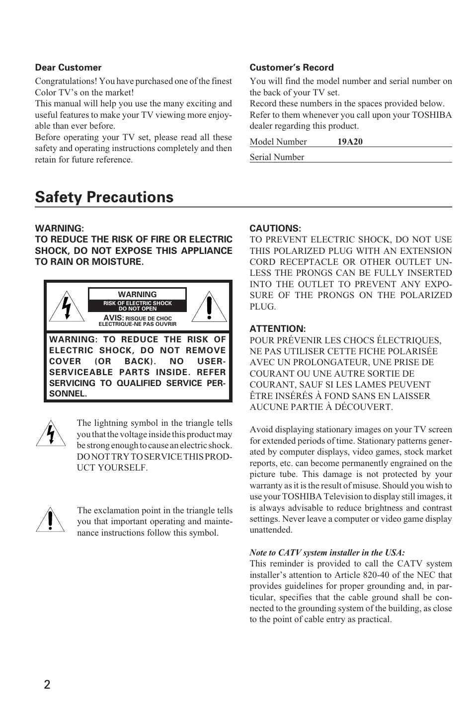 Safety precautions | Toshiba 19A20 User Manual | Page 2 / 20