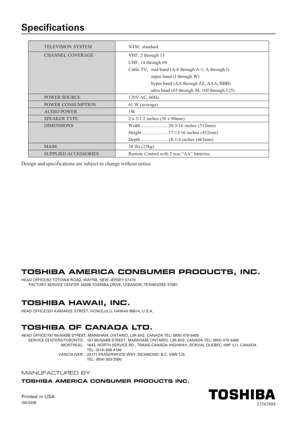 Specifications, Back cover, Toshiba hawaii, inc | Toshiba of canada ltd, Toshiba america consumer products, inc | Toshiba 19A20 User Manual | Page 20 / 20