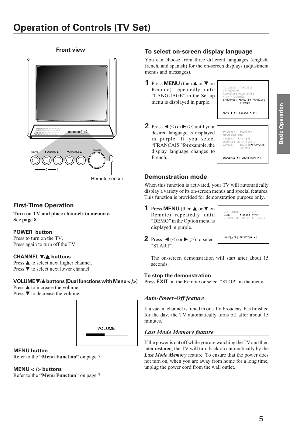 Basic operation, Operation of controls (tv), Operation of controls (tv set) | Demonstration mode, Auto-power-off feature, First-time operation, Front view | Toshiba 19A20 User Manual | Page 5 / 20