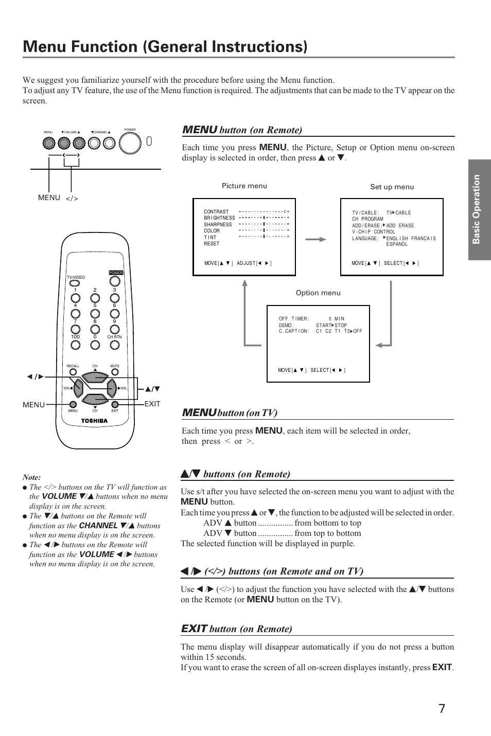 Menu function (general instructions), Menu button (on remote), Menu button (on tv) | Exit button (on remote) | Toshiba 19A20 User Manual | Page 7 / 20