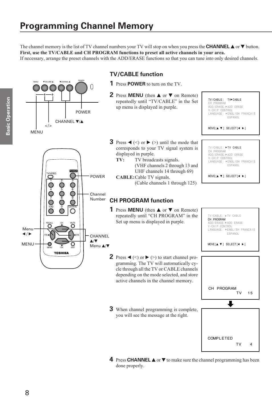 Programming channel memory, Tv/cable function ch program function, Press power to turn on the tv | Toshiba 19A20 User Manual | Page 8 / 20