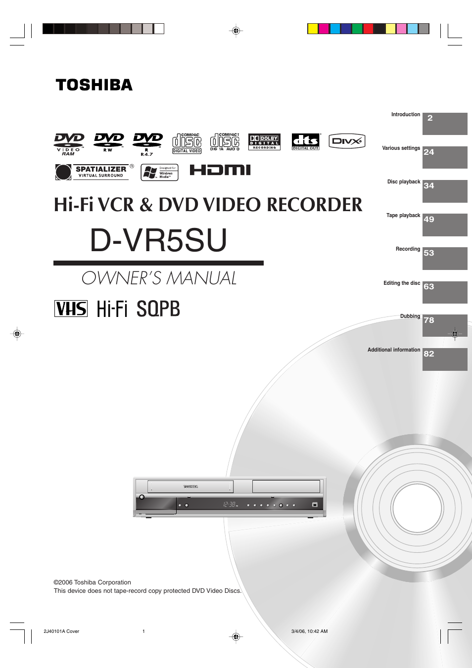 Toshiba Hi-Fi VCR & DVD Video Recorder D-VR5SU User Manual | 92 pages