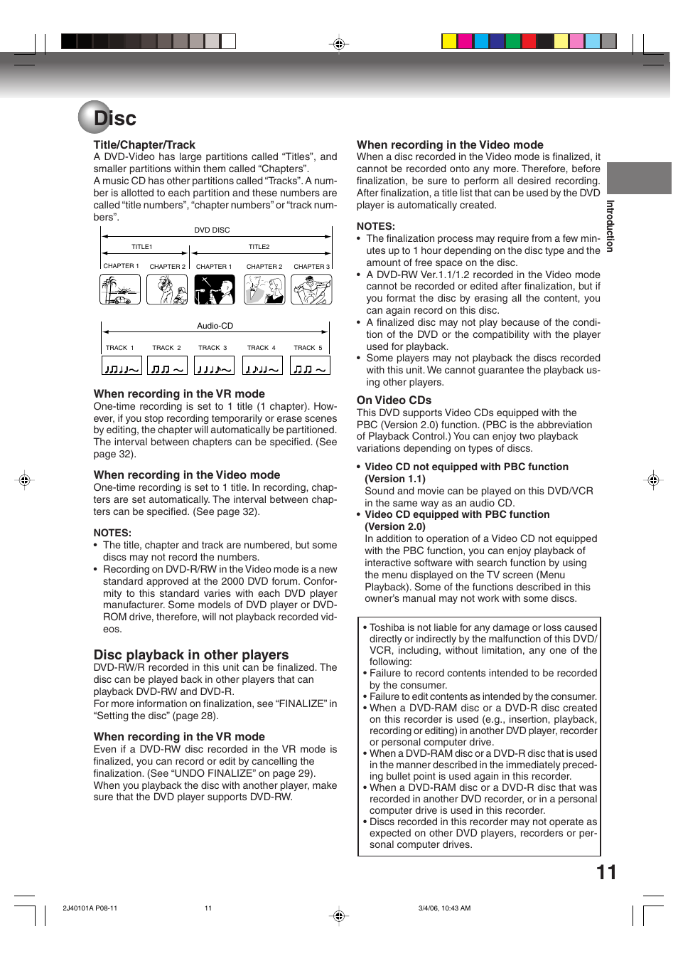 11 disc, Disc playback in other players | Toshiba Hi-Fi VCR & DVD Video Recorder D-VR5SU User Manual | Page 11 / 92