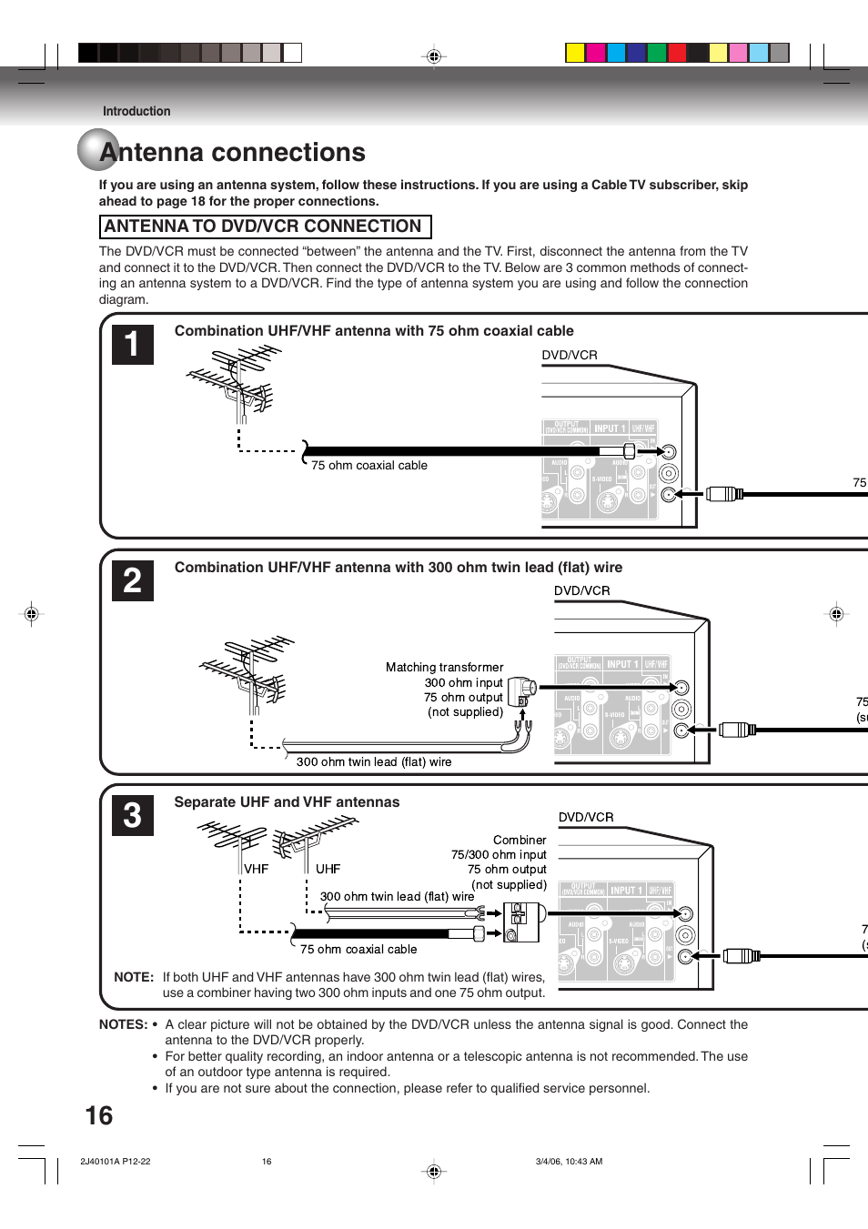 Antenna connections | Toshiba Hi-Fi VCR & DVD Video Recorder D-VR5SU User Manual | Page 16 / 92
