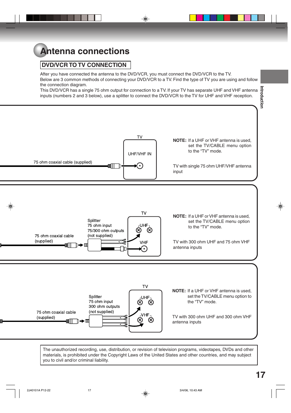 Antenna connections, Dvd/vcr to tv connection | Toshiba Hi-Fi VCR & DVD Video Recorder D-VR5SU User Manual | Page 17 / 92