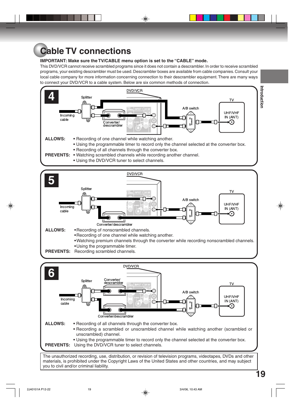Cable tv connections | Toshiba Hi-Fi VCR & DVD Video Recorder D-VR5SU User Manual | Page 19 / 92