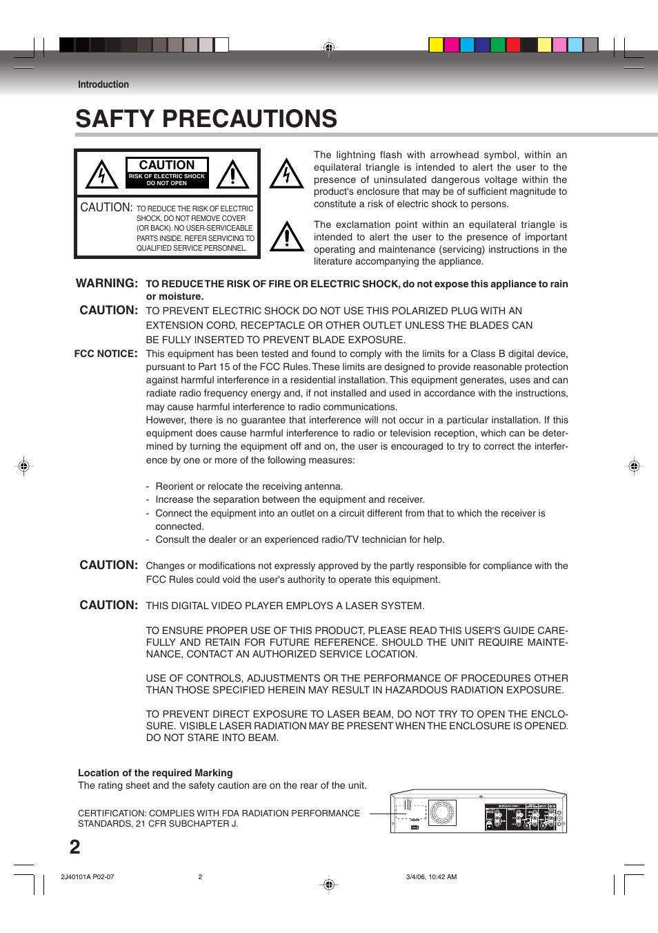 Safty precautions | Toshiba Hi-Fi VCR & DVD Video Recorder D-VR5SU User Manual | Page 2 / 92
