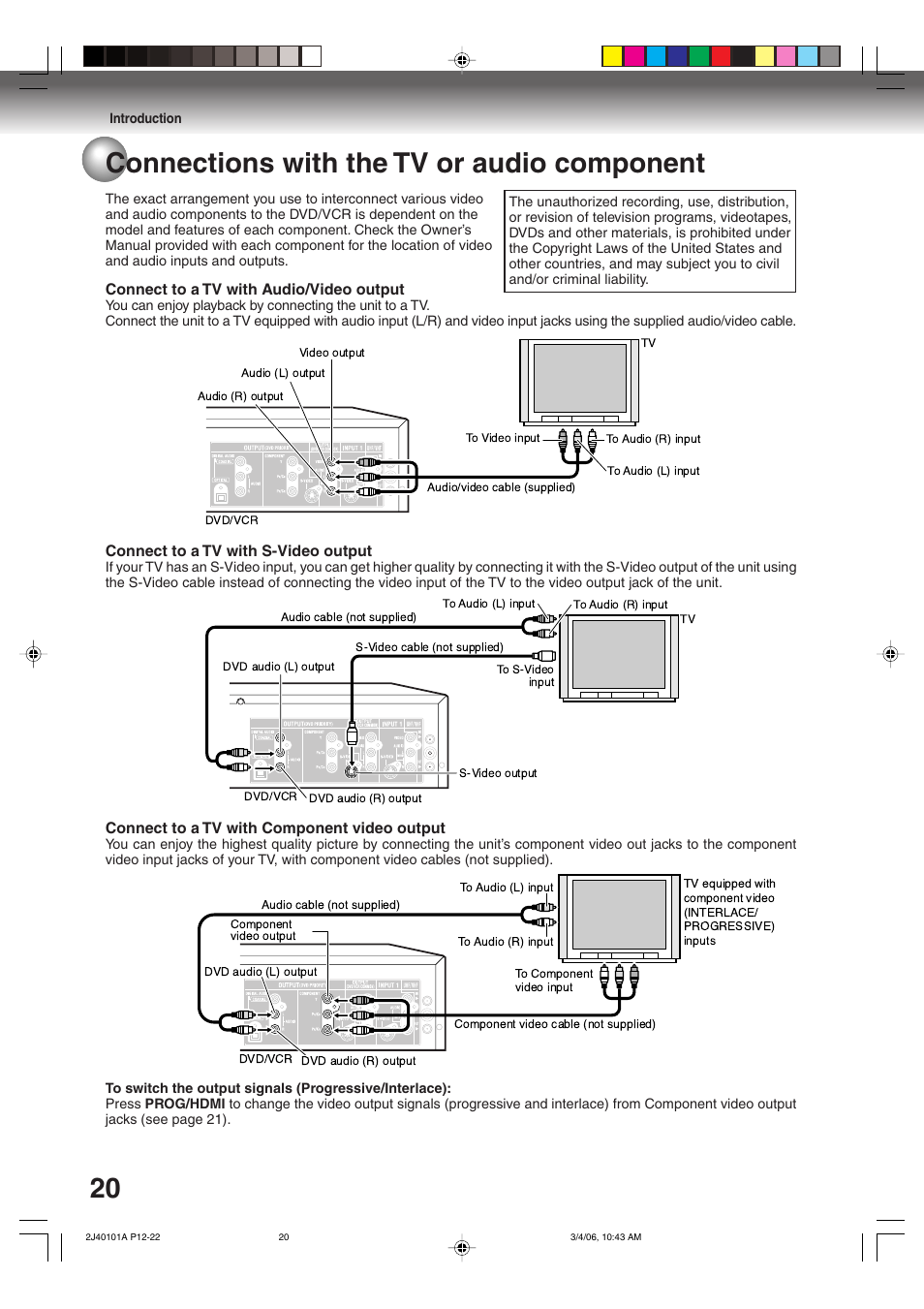 20 connections with the tv or audio component | Toshiba Hi-Fi VCR & DVD Video Recorder D-VR5SU User Manual | Page 20 / 92