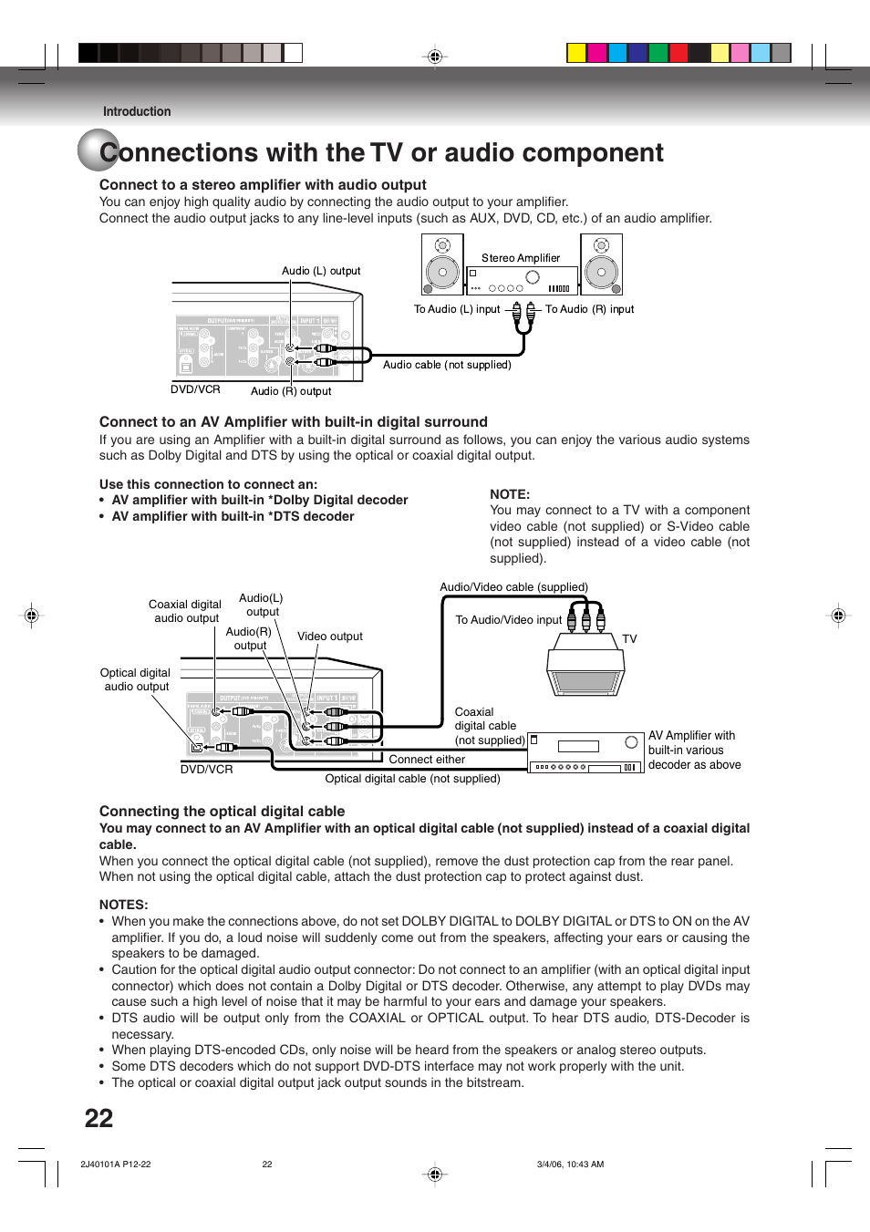 22 connections with the tv or audio component | Toshiba Hi-Fi VCR & DVD Video Recorder D-VR5SU User Manual | Page 22 / 92