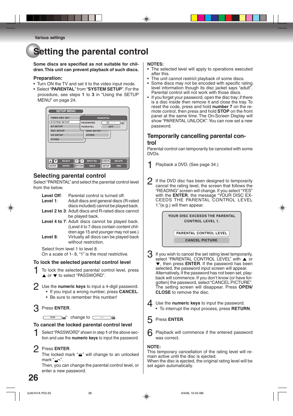 26 setting the parental control, Temporarily cancelling parental con- trol, Selecting parental control | Toshiba Hi-Fi VCR & DVD Video Recorder D-VR5SU User Manual | Page 26 / 92