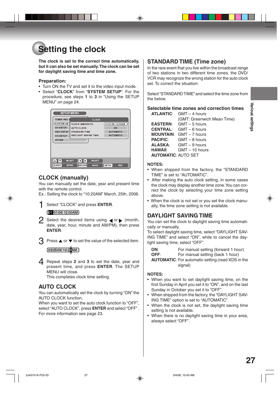Setting the clock, Clock (manually), Auto clock | Standard time (time zone), Daylight saving time | Toshiba Hi-Fi VCR & DVD Video Recorder D-VR5SU User Manual | Page 27 / 92