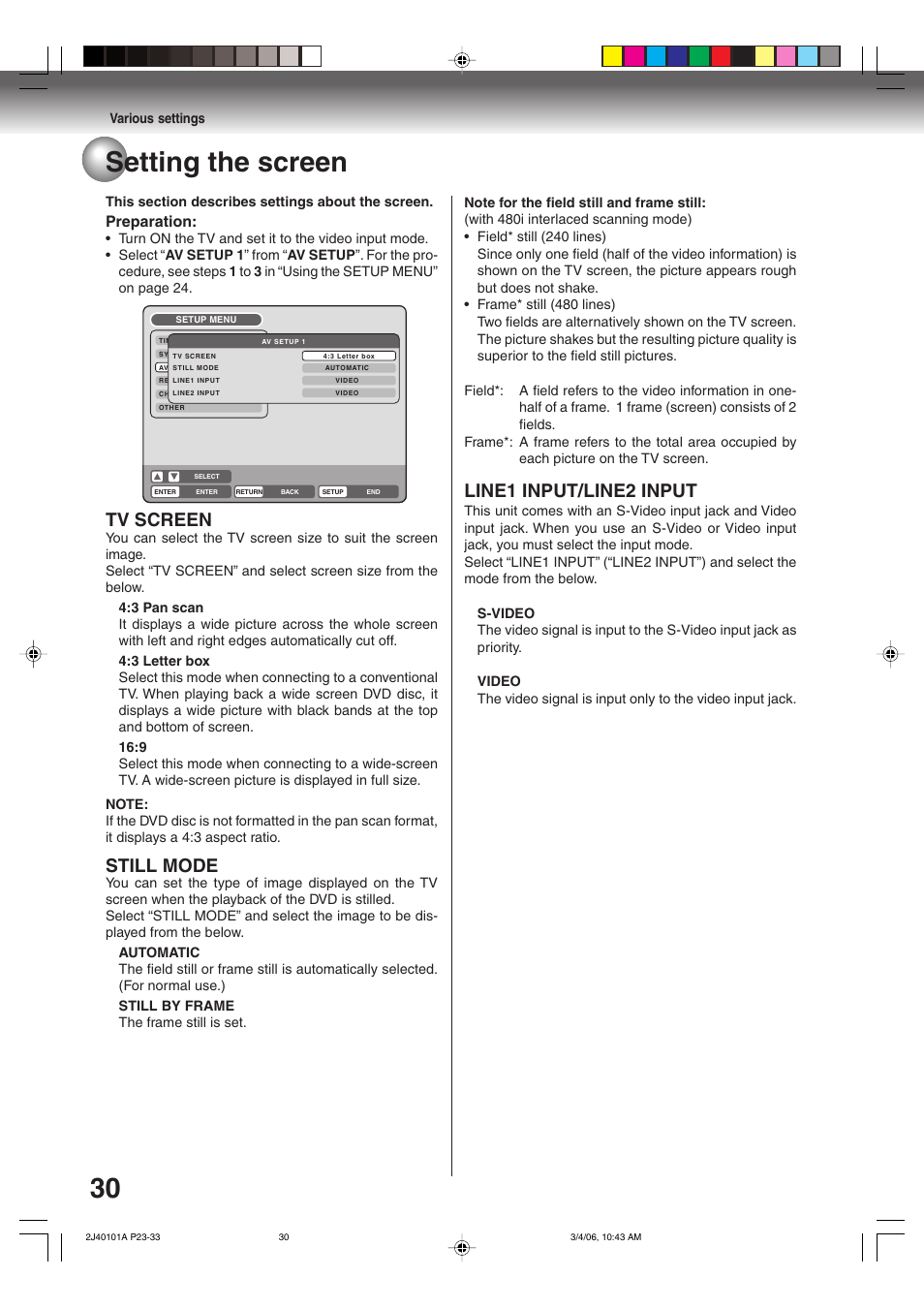 30 setting the screen, Line1 input/line2 input, Tv screen | Still mode, Preparation | Toshiba Hi-Fi VCR & DVD Video Recorder D-VR5SU User Manual | Page 30 / 92