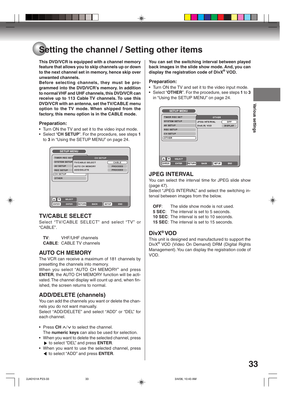 Setting the channel / setting other items, Tv/cable select, Add/delete (channels) | Jpeg interval, Divx, Preparation | Toshiba Hi-Fi VCR & DVD Video Recorder D-VR5SU User Manual | Page 33 / 92