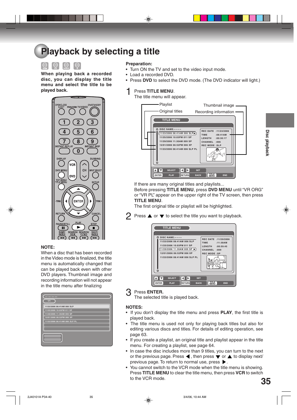 35 playback by selecting a title, Disc playback, Press or to select the title you want to playback | Toshiba Hi-Fi VCR & DVD Video Recorder D-VR5SU User Manual | Page 35 / 92