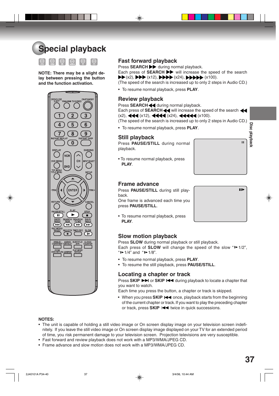 37 special playback, Fast forward playback, Review playback | Still playback, Frame advance, Slow motion playback, Locating a chapter or track | Toshiba Hi-Fi VCR & DVD Video Recorder D-VR5SU User Manual | Page 37 / 92