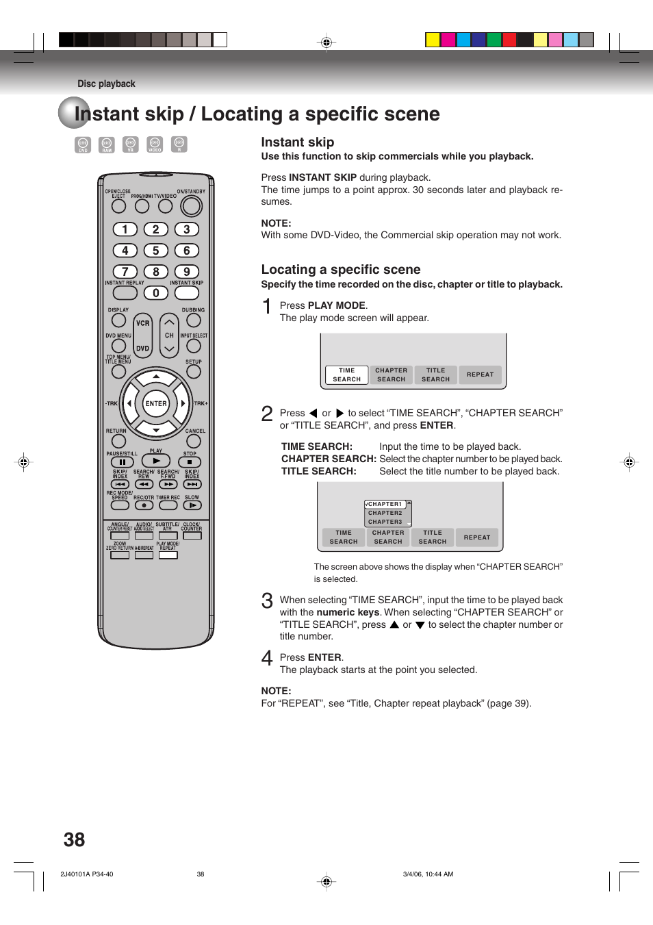 38 instant skip / locating a specific scene, Instant skip, Locating a specific scene | Toshiba Hi-Fi VCR & DVD Video Recorder D-VR5SU User Manual | Page 38 / 92